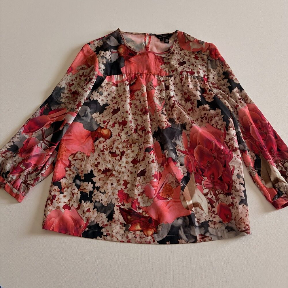 Ted Baker Women's Floral Top Blouse size 2 US 8 Med Pink Black Red Long Sleeve